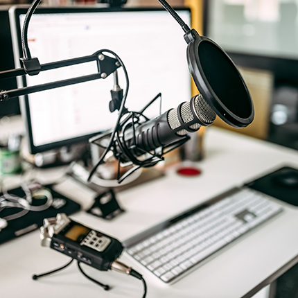 Microphone And Computer In The Recording Studio.
